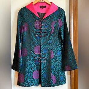 Womens Asian Inspired Brocade Coat in Black with Teal, Blue & Magenta